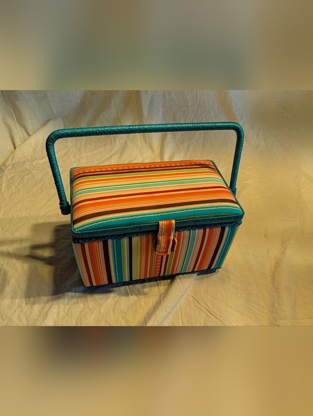 2/40$ Vintage Multicolor Striped Sewing Basket with Teal Handle